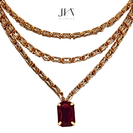 Jia Handcrafted Rose Gold Plated Necklace Set with Earrings, Red Gemstones - Image 3