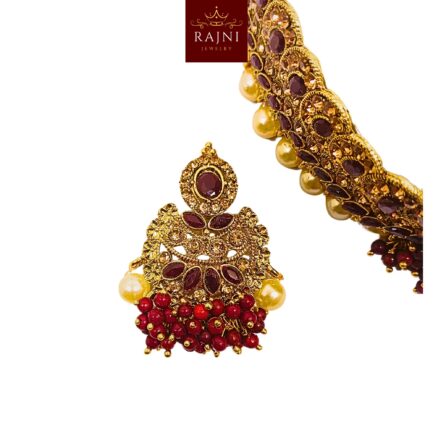 Rajni Handcrafted Gold Plated Necklace Jewellery Set with Earrings And Mangtika, Beads, Pearl, AD, Multicolour - Image 5