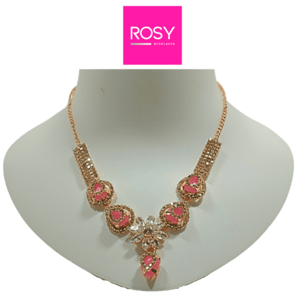 Rosy Handcrafted Rose Gold Plated Necklace Jewellery Set with Heart Shaped Pendant and Earrings, AD, Pink - Image 3