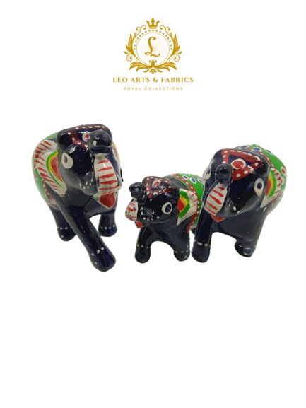 Handcrafted Paper Mache Elephant Family Figurines, Set of 3, Black with Green Colour - Image 4