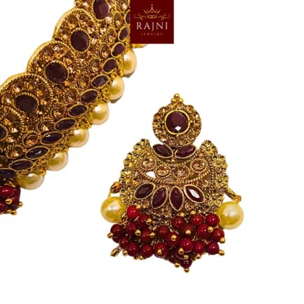 Rajni Handcrafted Gold Plated Necklace Jewellery Set with Earrings And Mangtika, Beads, Pearl, AD, Multicolour - Image 6