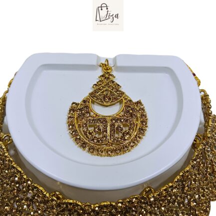 Fiza Handcrafted Gold Plated Necklace Jewellery Set with Earrings And Mangtika, AD Brown - Image 2