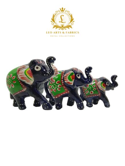 Handcrafted Paper Mache Elephant Family Figurines, Set of 3, Black with Green Colour - Image 5