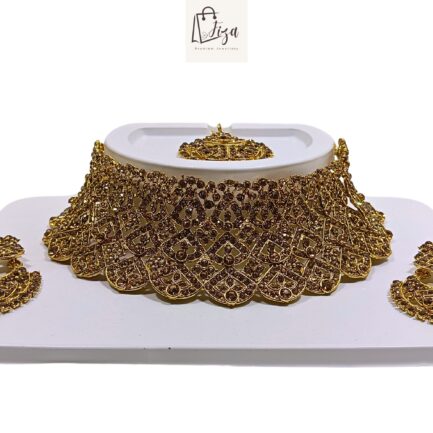 Fiza Handcrafted Gold Plated Necklace Jewellery Set with Earrings And Mangtika, AD Brown - Image 3