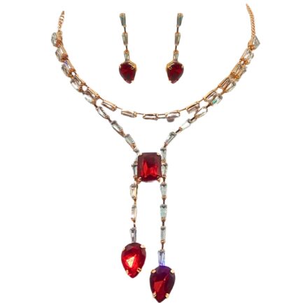 Iseul Showline - Handcrafted Rose Gold Short Necklace Set with Rectangular Pendant, matching Earrings, Red - Image 5