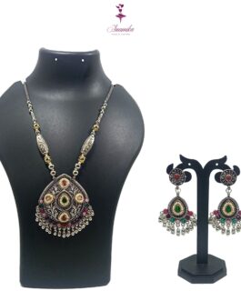 ANAMIKA Handcrafted Necklace Jewellery Set with Ear Rings, Oxidized, Oval Pendant,  Pearls, Stones Green, Pink, Purple