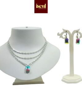 Iseul Showline – Handcrafted Silver-Toned Short Necklace Set with Rectangular Pendant, matching Earrings, Multishade