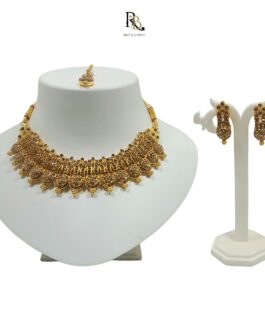 R&B Handcrafted Gold Plated Necklace Set with Earrings And Mangtika, AD Brown, Suited for Party Wedding Festive for Women