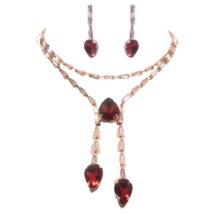 Iseul Showline - Handcrafted Rose Gold Short Necklace Set with Heart Shape Pendant, matching Earrings, Red - Image 4