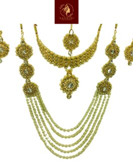 Nandini Handcrafted Gold Plated Necklace Jewellery Set with Long Chain, Earrings And Mangtika, Clear AD, Pearl Off-White