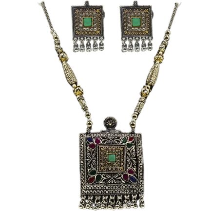 SAMIRA Handcrafted Necklace Jewellery Set with Ear Rings Oxidized Square Pendant - Image 6