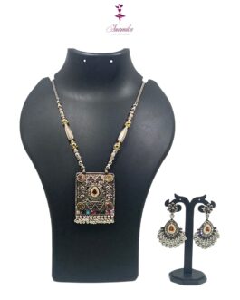 ANAMIKA Handcrafted Necklace Jewellery Set with Ear Rings, Ozidized, Square Pendant, AD White, Pearls