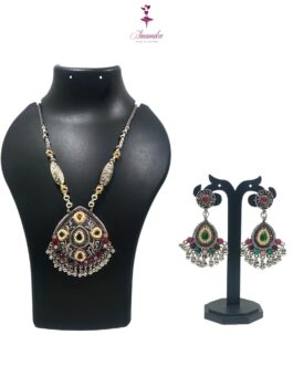 ANAMIKA Handcrafted Necklace Jewellery Set with Ear Rings, Oxidized, Oval Pendant,  Multicolored Stones, Pearls