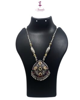 ANAMIKA Handcrafted Necklace Jewellery Set with Ear Rings, Oxidized, Oval Pendant,  Pearls, Stones Green, Pink, Purple