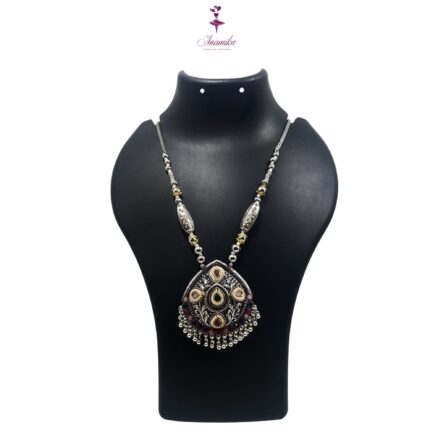 ANAMIKA Handcrafted Necklace Jewellery Set with Ear Rings, Oxidized, Oval Pendant,  Pearls, Stones Green, Pink, Purple - Image 2