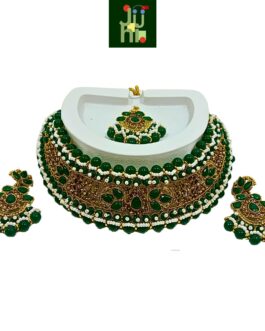 Juhi Handcrafted Gold Plated Necklace Jewellery Set with Earrings And Mangtika, Green beads, AD, Pearls