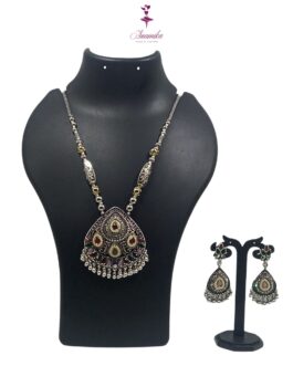 ANAMIKA Handcrafted Necklace Jewellery Set with Ear Rings, Oxidized, Oval Pendant, AD Pearls, Pink, Purple, Grey