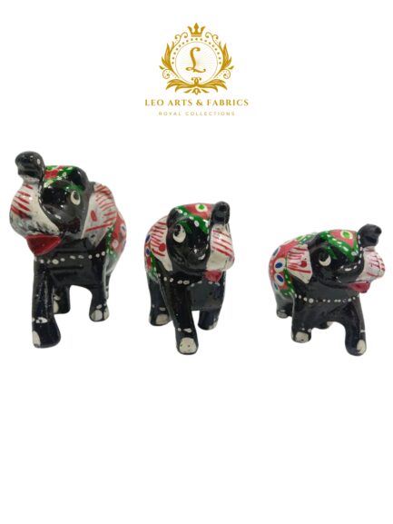 Handcrafted Paper Mache Elephant Family Figurines, Set of 3, Black and Red Colour - Image 2