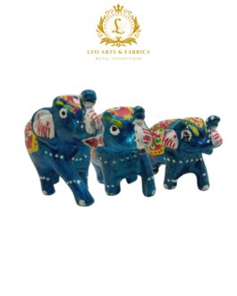 Handcrafted Paper Mache Elephant Family Figurines, Set of 3, Feroze Blue