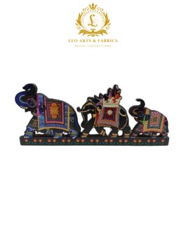 Handcrafted Indian Triple Elephant Caravan Fridge Magnet Decor Piece, Twin Salute Style, 15.5 x 6.5 x 0.5 cm