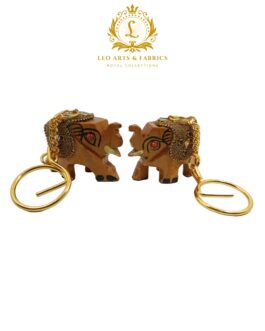 Handcrafted Wooden Elephant Key Chain, Decorative, Bajni Design, Golden, 6.5 cm x 6 cm x 4.5 cm