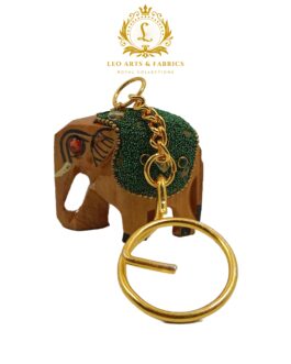 Handcrafted Wooden Elephant Key Chain, Decorative, Bajni Design, Green, 6.5 cm x 6 cm x 4.5 cm