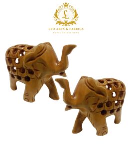 Hand Carved Wooden Undercut Jali Elephant Figurine, Greeting, 5 cm, Pack of 2