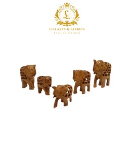 Handcrafted Wooden Elephant Family Figurines, Set of 5, Jali Undercut Design – Smallest 3cm, Largest 8cm