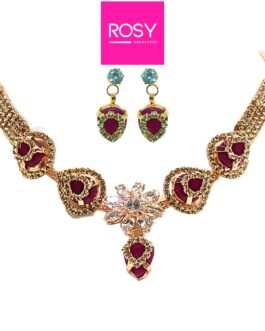 Rosy Handcrafted Rose Gold Plated Necklace Jewellery Set with Heart Shaped Pendant and Earrings, AD, Red