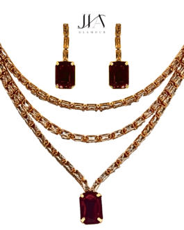 Jia Handcrafted Rose Gold Plated Necklace Set with Earrings, Red Gemstones