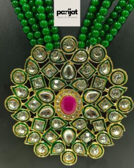 Parijat Handcrafted Gold Plated Necklace with Earrings, AD, Pearl, Green and White