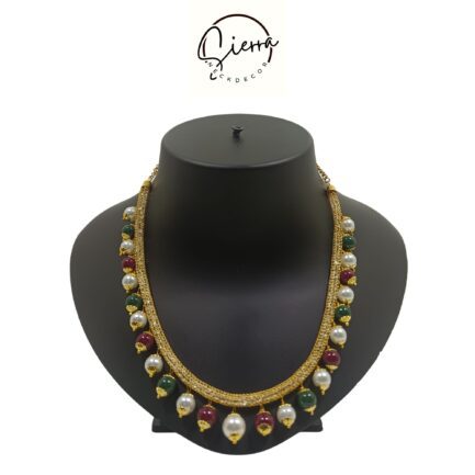 Sierra Handcrafted Gold Plated Necklace Jewellery Set with Earrings, AD, Pearl - Multicolor - Image 2