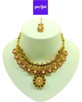 Parijat Elegant Handcrafted Gold Plated Necklace Jewellery Set with Earrings And Mangtika, Baby Pink Stone