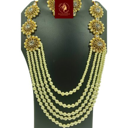 Nandini Handcrafted Gold Plated Necklace Jewellery Set with Long Chain, Earrings And Mangtika, Clear AD, Pearl Off-White - Image 2