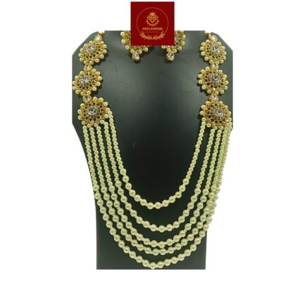 Nandini Handcrafted Gold Plated Necklace Jewellery Set with Long Chain, Earrings And Mangtika, AD Brown, Sapphire, Pearl Off-White - Image 2