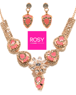 Rosy Handcrafted Rose Gold Plated Necklace Jewellery Set with Heart Shaped Pendant and Earrings, AD, Pink