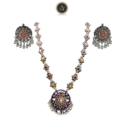 ARTIK HALLMARK Handcrafted Necklace Jewellery Set with Ear Rings, Oxidized, Round Pendant, Multi AD, Center stone Light Pink - Image 4