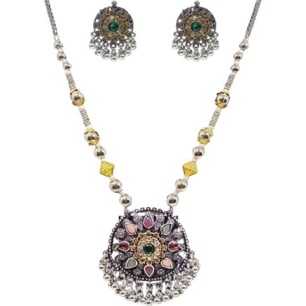 SAMIRA Handcrafted Necklace Jewellery Set with Ear Rings Oxidized Round Pendant - Image 6