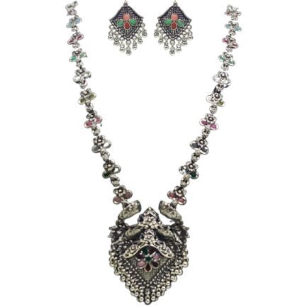 SAMIRA Handcrafted Necklace Jewellery Set with Ear Rings Oxidized Diamond Pendant - Image 6