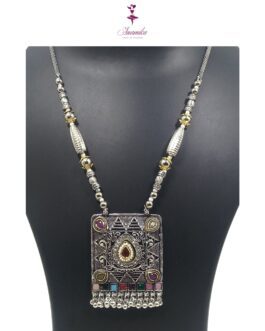 ANAMIKA Handcrafted Necklace Jewellery Set with Ear Rings, Ozidized, Square Pendant, AD White, Pearls