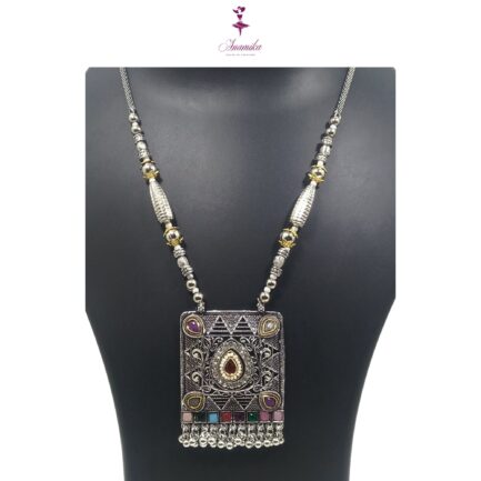 ANAMIKA Handcrafted Necklace Jewellery Set with Ear Rings, Ozidized, Square Pendant, AD White, Pearls - Image 2