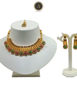 Artik Hallmark – Handcrafted Gold Plated AD Spiral Necklace Set with Earrings And Mangtika, AD, Multicolour, Suited for Party Wedding Festive for Women