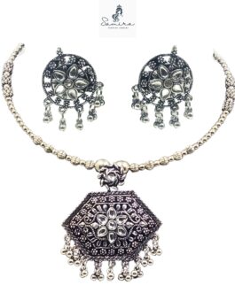 SAMIRA Handcrafted Necklace Jewellery Set with Ear Rings Oxidized Rhombus Pendant