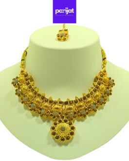 Parijat Elegant Handcrafted Gold Plated Necklace Jewellery Set with Earrings And Mangtika, AD, Multi Coloured Stone