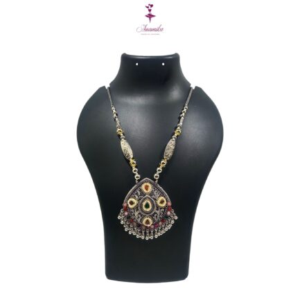 ANAMIKA Handcrafted Necklace Jewellery Set with Ear Rings, Oxidized, Oval Pendant,  Multicolored Stones, Pearls - Image 2