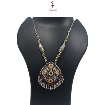 ANAMIKA Handcrafted Necklace Jewellery Set with Ear Rings, Oxidized, Oval Pendant,  Pearls, Stones Green, Pink, Purple - Image 3