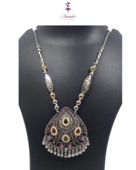 ANAMIKA Handcrafted Necklace Jewellery Set with Ear Rings, Oxidized, Oval Pendant, AD Pearls, Pink, Purple, Grey