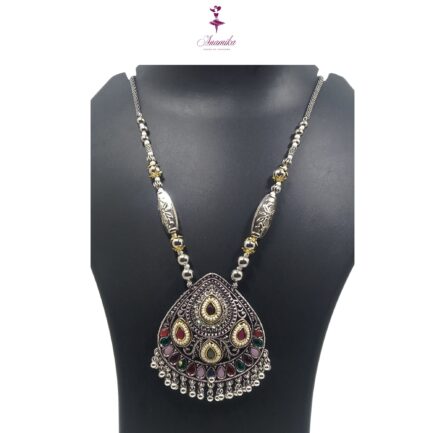 ANAMIKA Handcrafted Necklace Jewellery Set with Ear Rings, Oxidized, Oval Pendant, AD Pearls, Pink, Purple, Grey - Image 2