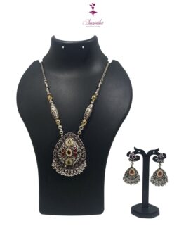 ANAMIKA Handcrafted Necklace Jewellery Set with Ear Rings, Oxidized, Tear-Drop Pendant, AD Pearls, Green, Purple, Red