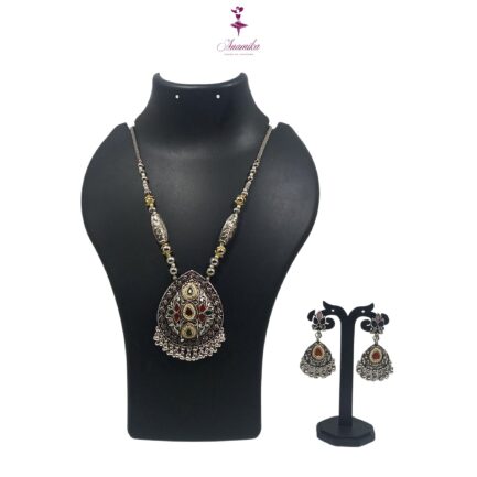 ANAMIKA Handcrafted Necklace Jewellery Set with Ear Rings, Oxidized, Tear-Drop Pendant, AD Pearls, Green, Purple, Red